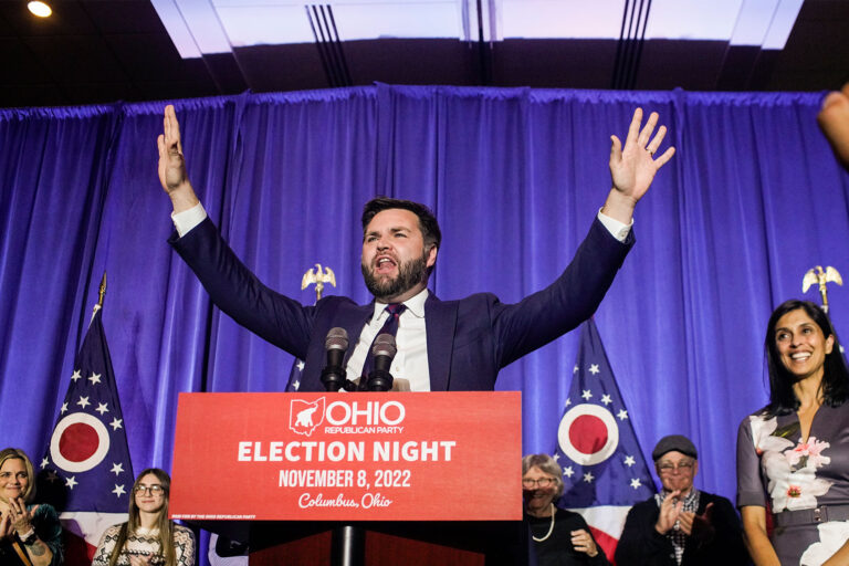 Republican U.S. Senate candidate JD Vance speaks to supporters with wife Usha Vance and family at an election watch party at the Renaissance Hotel on November 8, 2022 in Columbus, Ohio. (Andrew Spear/Getty Images)