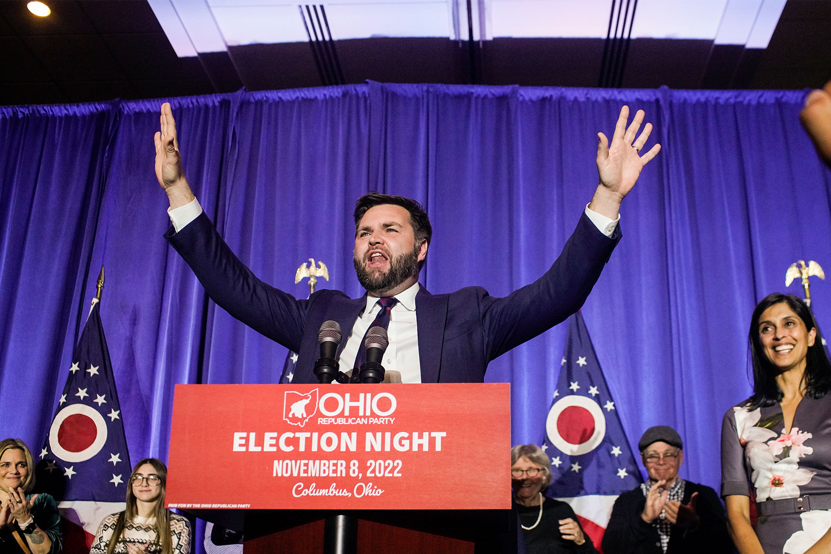Republican U.S. Senate candidate JD Vance speaks to supporters with wife Usha Vance and family at an election watch party at the Renaissance Hotel on November 8, 2022 in Columbus, Ohio. (Andrew Spear/Getty Images)