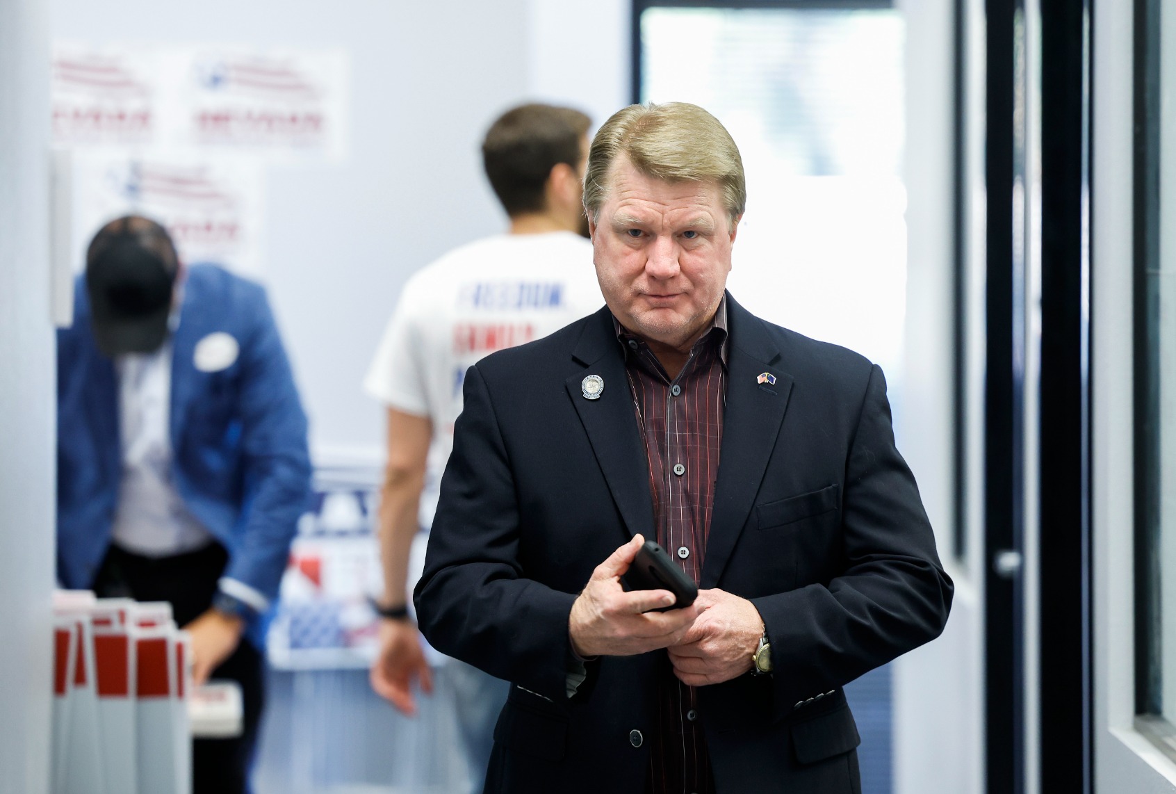 Jim Marchant, Republican candidate for Nevada secretary of state, arrives at a rally at the local Republican Party offices on November 06, 2022 in Henderson, Nevada. (Anna Moneymaker/Getty Images)