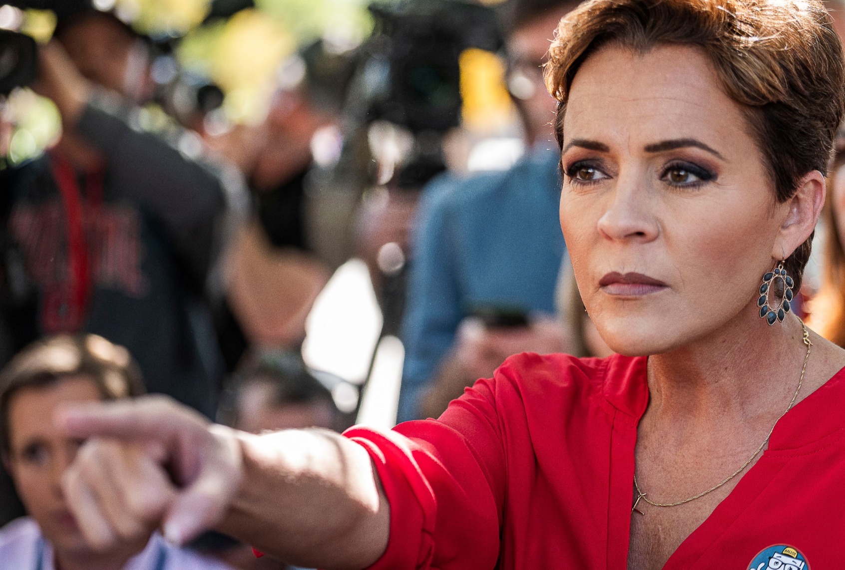 Republican gubernatorial candidate for Arizona Kari Lake speaks to members of the media after voting in the US midterm election, in Phoenix, Arizona, on November 8, 2022. (OLIVIER TOURON/AFP via Getty Images)