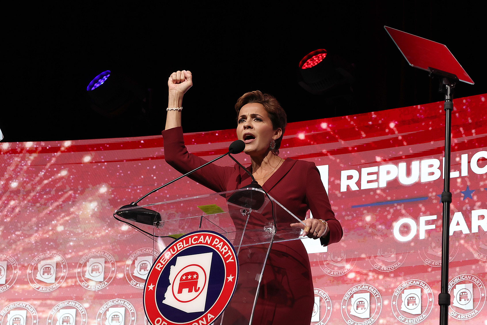Arizona Republican gubernatorial nominee Kari Lake speaks to supporters during her election night event at The Scottsdale Resort at McCormick Ranch on November 08, 2022 in Scottsdale, Arizona. (Justin Sullivan/Getty Images)