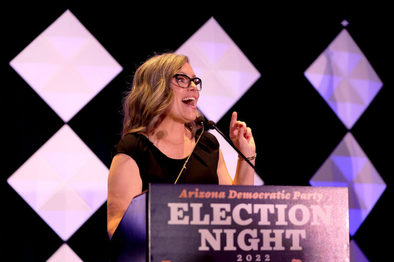 Arizona Democratic gubernatorial nominee Katie Hobbs speaks to supporters at an election night watch party at the Renaissance Phoenix Downtown Hotel on November 08, 2022 in Phoenix, Arizona. (Christian Petersen/Getty Images)