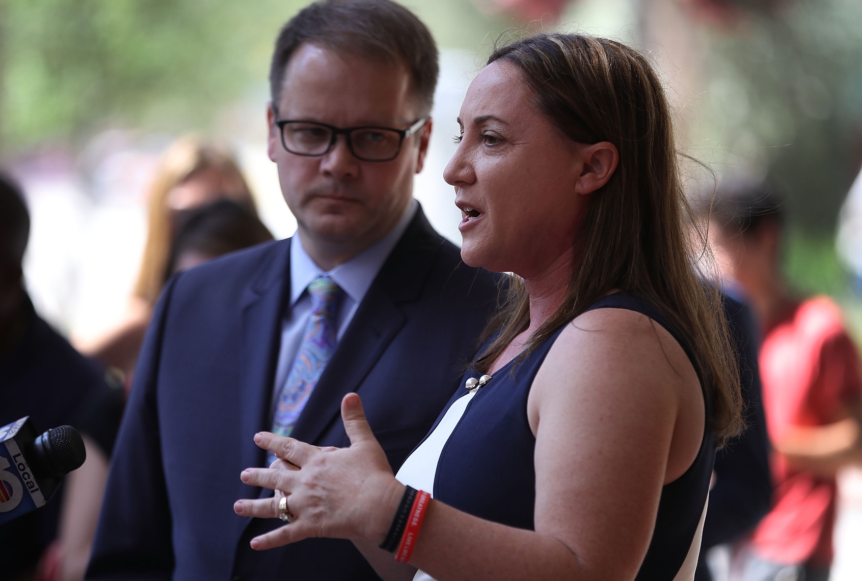 Ryan Petty and Lori Alhadeff speak to the media after turning in their paperwork to run for the Broward County School Board on May 15, 2018 in Fort Lauderdale, Florida. Ryan Petty's 14 year old daughter Alaina JoAnn Petty and Lori Alhadeff's 14 year old daughter Alyssa were killed during the mass shooting at Marjory Stoneman Douglas High School. (Joe Raedle/Getty Images)
