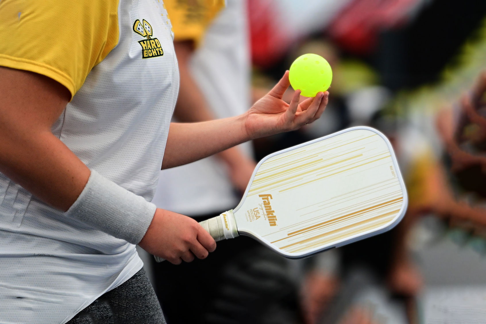 Jorja Johnson of the Hard Eights holds her Franklin paddle during the Major League Pickleball finals match against BLQK at Pickle & Chill on October 16, 2022 in Columbus, Ohio. (Emilee Chinn/Getty Images)