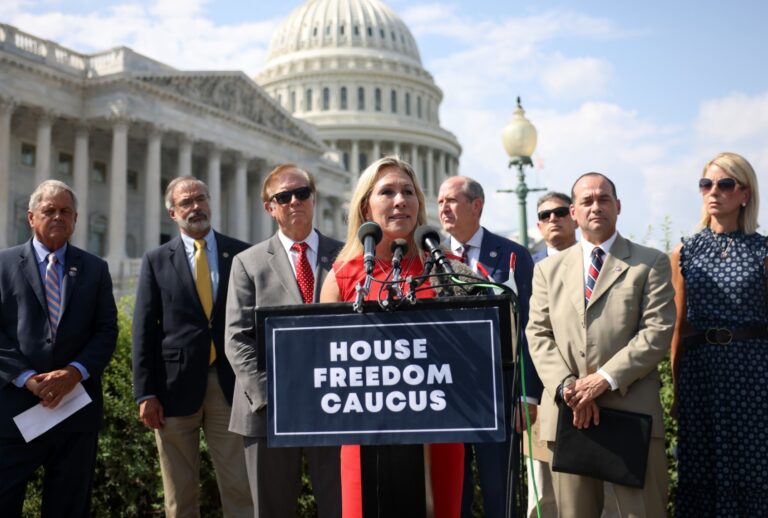 Rep. Marjorie Taylor Greene (R-GA) speaks at a news conference with members of the House Freedom Caucus outside the Capitol Building on August 23, 2021 in Washington, DC. (Kevin Dietsch/Getty Images)