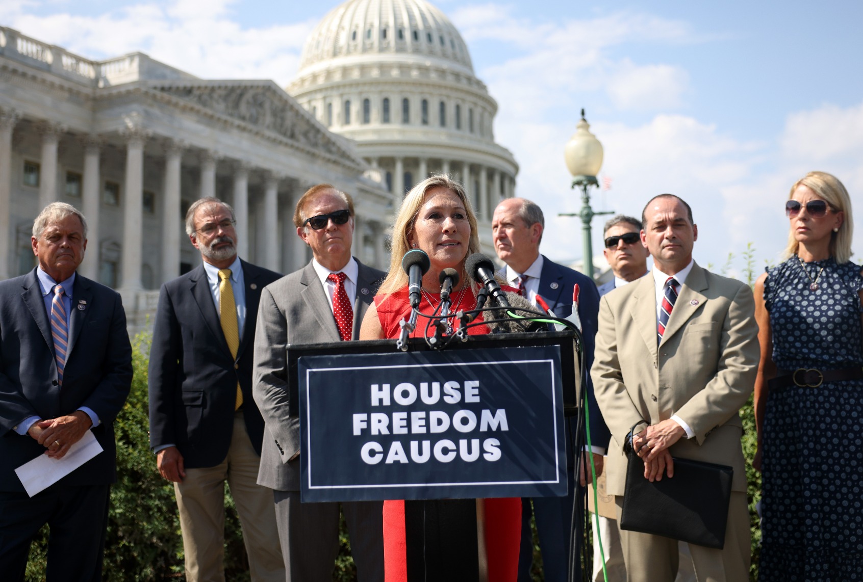 Rep. Marjorie Taylor Greene (R-GA) speaks at a news conference with members of the House Freedom Caucus outside the Capitol Building on August 23, 2021 in Washington, DC. (Kevin Dietsch/Getty Images)