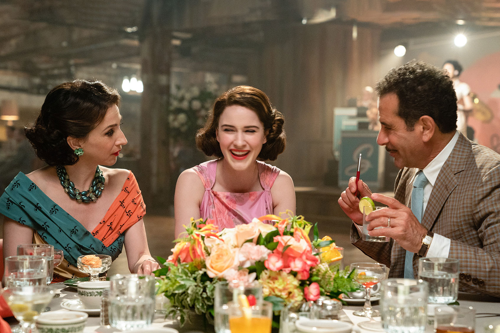Marin Hinkle (Rose Weissman), Rachel Brosnahan (Miriam 'Midge' Maisel) and Tony Shalhoub (Abe Weissman) in "The Marvelous Mrs. Maisel" (Nicole Rivelli/Amazon Studios)