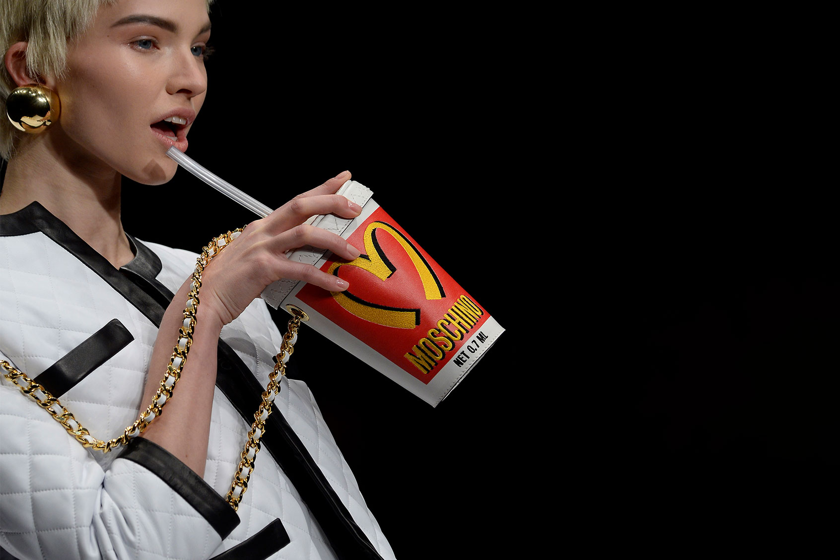 A model walks the runway at the Moschino Autumn Winter 2014 fashion show during Milan Fashion Week on February 20, 2014 in Milan, Italy. (Catwalking/Getty Images)