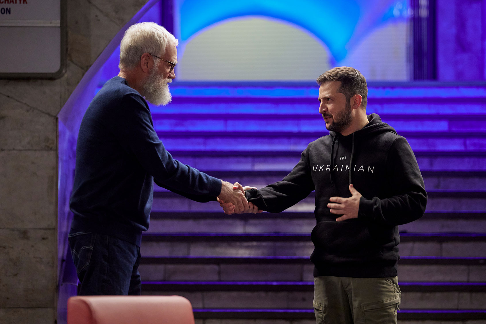 David Letterman sits down with the President of Ukraine Volodymyr Zelenskyy in a special episode of My Next Guest Needs No Introduction with David Letterman (Courtesy of Netflix)
