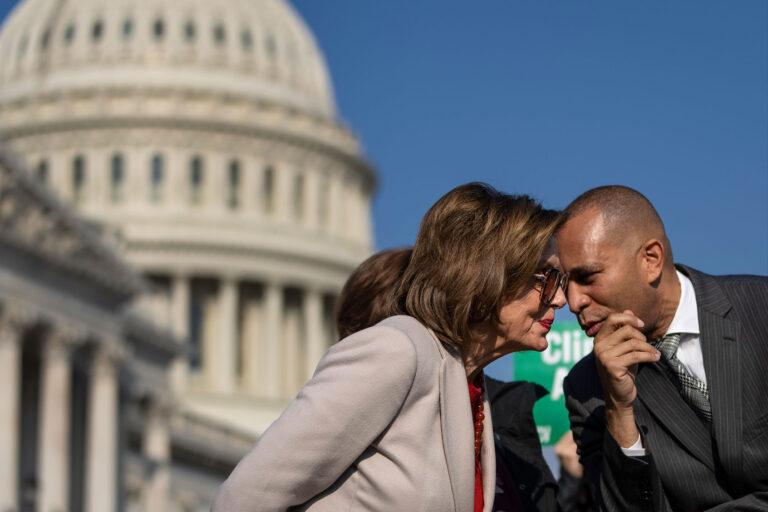 Speaker of the House Nancy Pelosi (D-CA) speaks with Rep. Hakeem Jeffries (D-NY) during a news conference with House Democrats about the Build Back Better legislation, outside of the U.S. Capitol on November 17, 2021 in Washington, DC. (Drew Angerer/Getty Images)