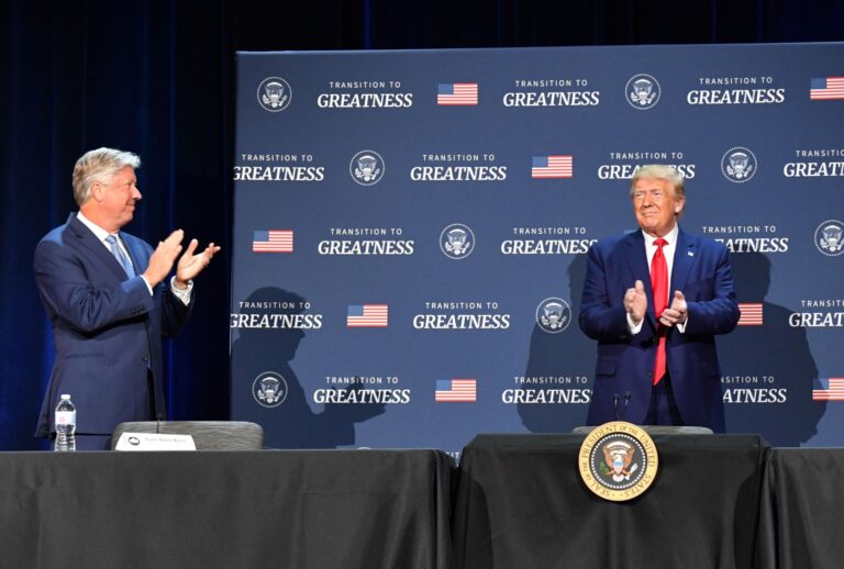 Former President Donald Trump and Pastor Robert Morris at a roundtable with faith leaders, law enforcement officials, and small business owners at Gateway Church Dallas Campus in Dallas, Texas, on June 11, 2020. (NICHOLAS KAMM/AFP via Getty Images)
