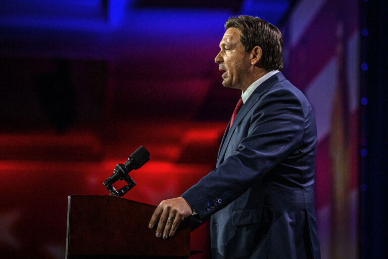 Republican gubernatorial candidate for Florida Ron DeSantis speaks during an election night watch party at the Convention Center in Tampa, Florida, on November 8, 2022. (GIORGIO VIERA/AFP via Getty Images)