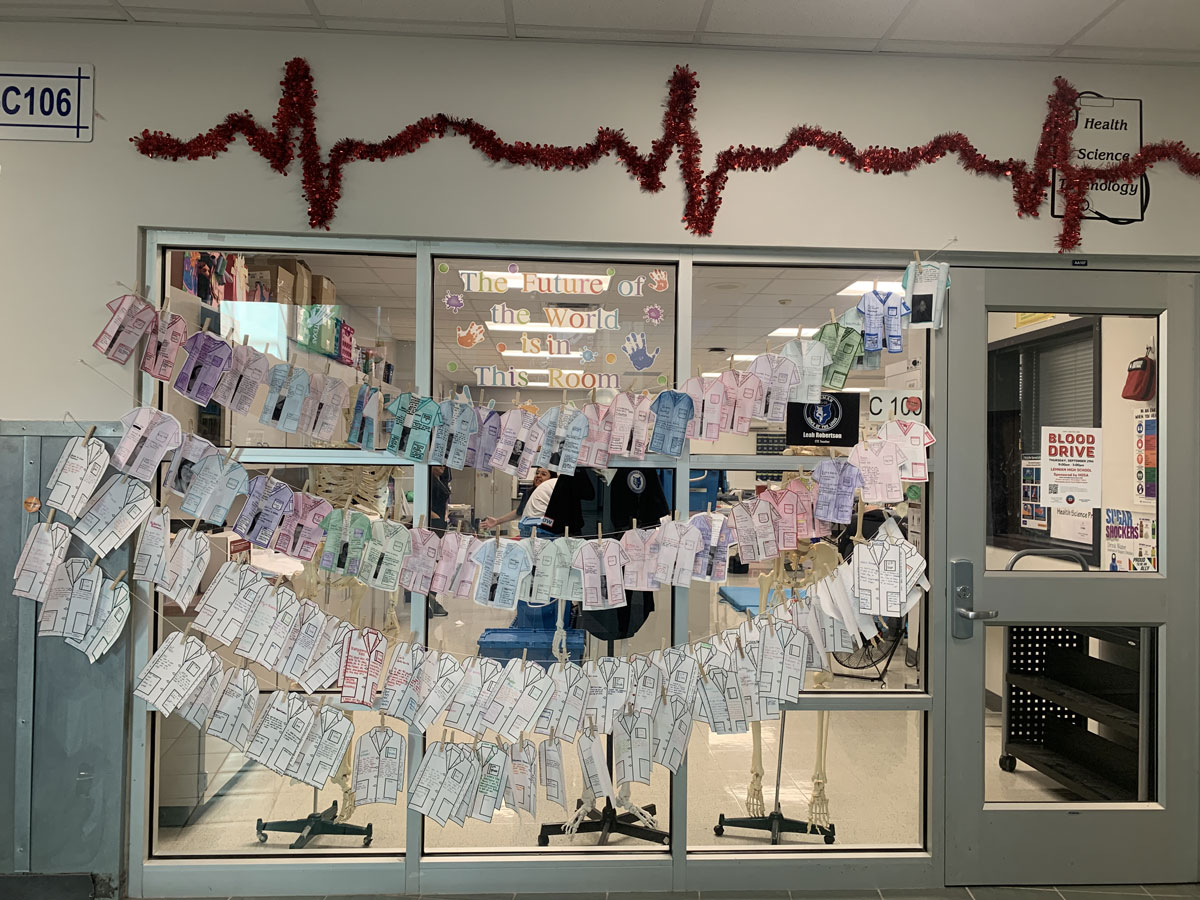 Student artwork is on display at Lehman High School in Kyle, Texas, in front of its healthcare department.