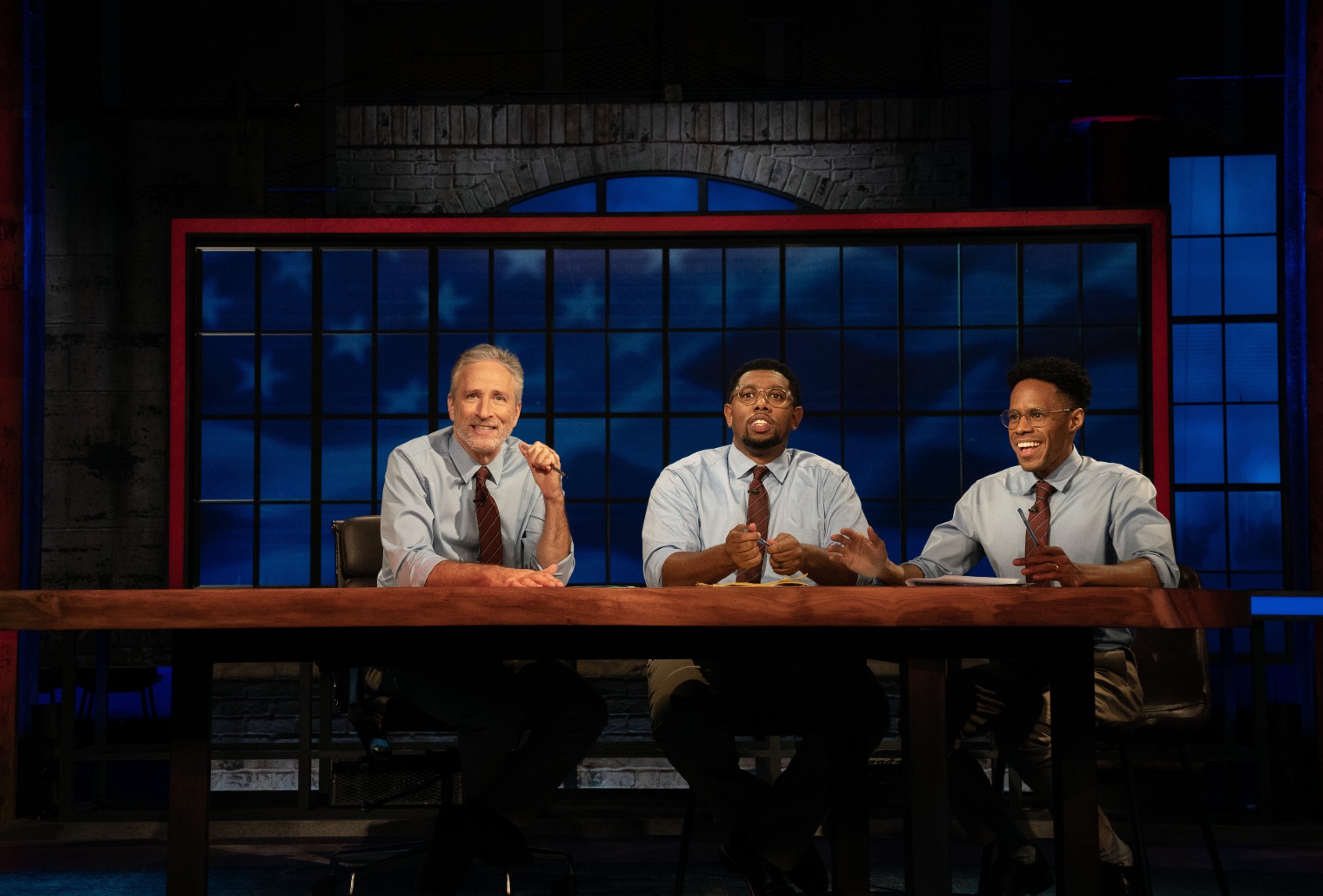 Jon Stewart, Kasaun Wilson and Jay Jurden in the “Midterms” episode of season two of “The Problem With Jon Stewart" (Apple TV+)