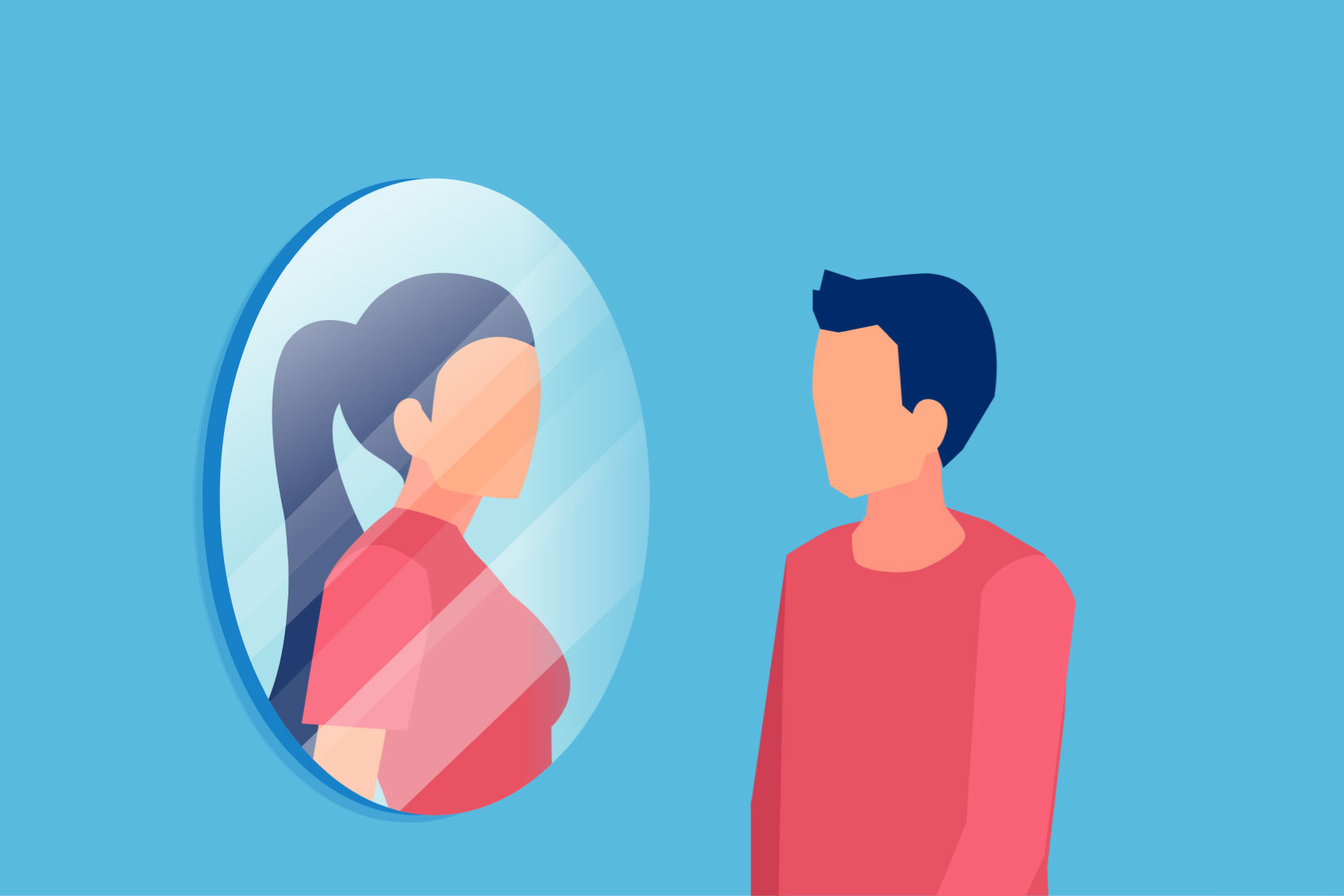 Vector of a man looking in the mirror and seeing themself as a woman (Getty Images/SIphotography)