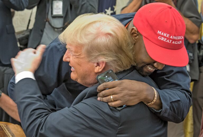 Kanye West embraces Donald Trump in the White House's Oval Office, Washington DC, October 11, 2018. (Ron Sachs/Consolidated News Pictures/Getty Images)