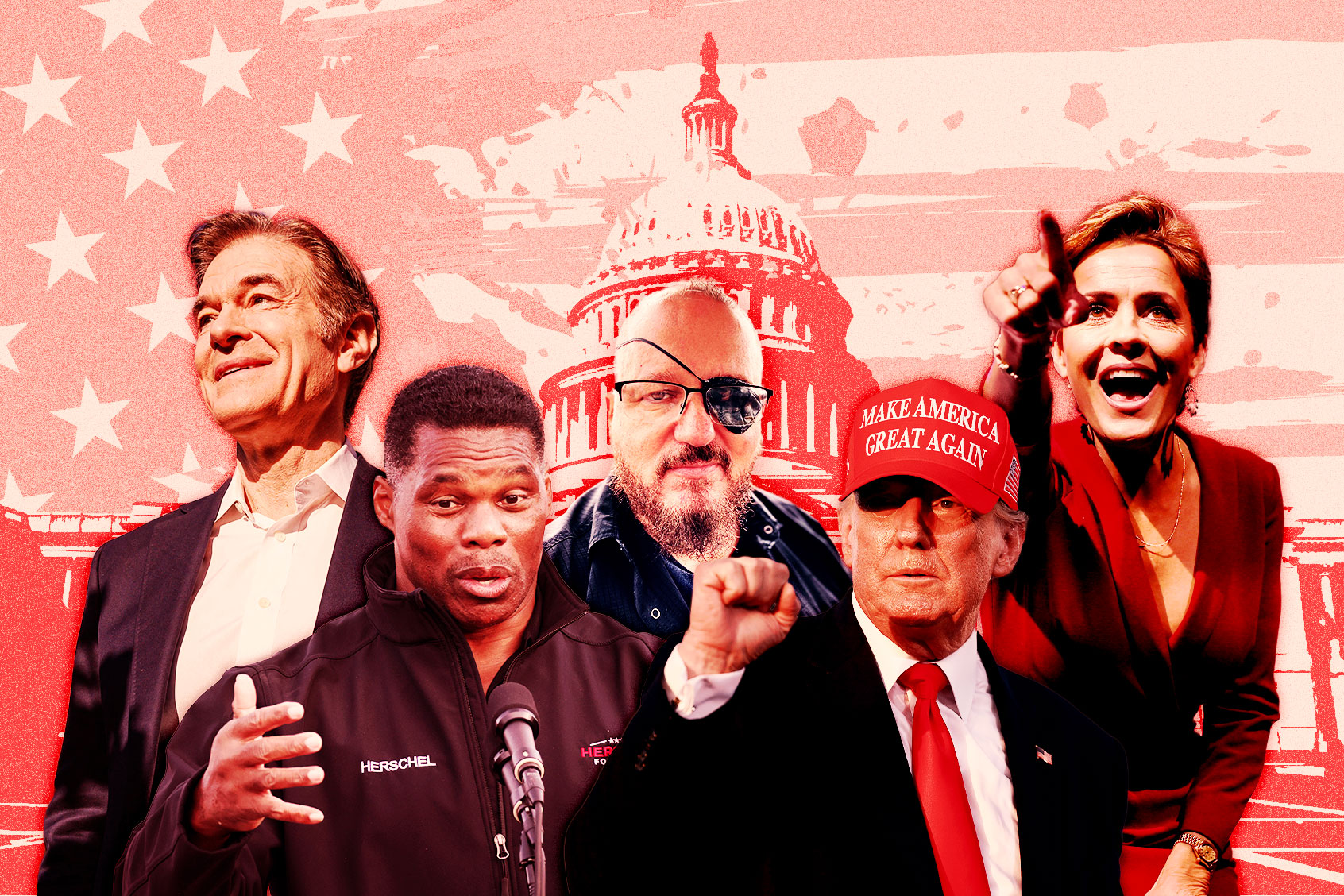 Dr. Oz, Herschel Walker, Stewart Rhodes, Donald Trump and Kari Lake (Photo illustration by Salon/Getty Images)