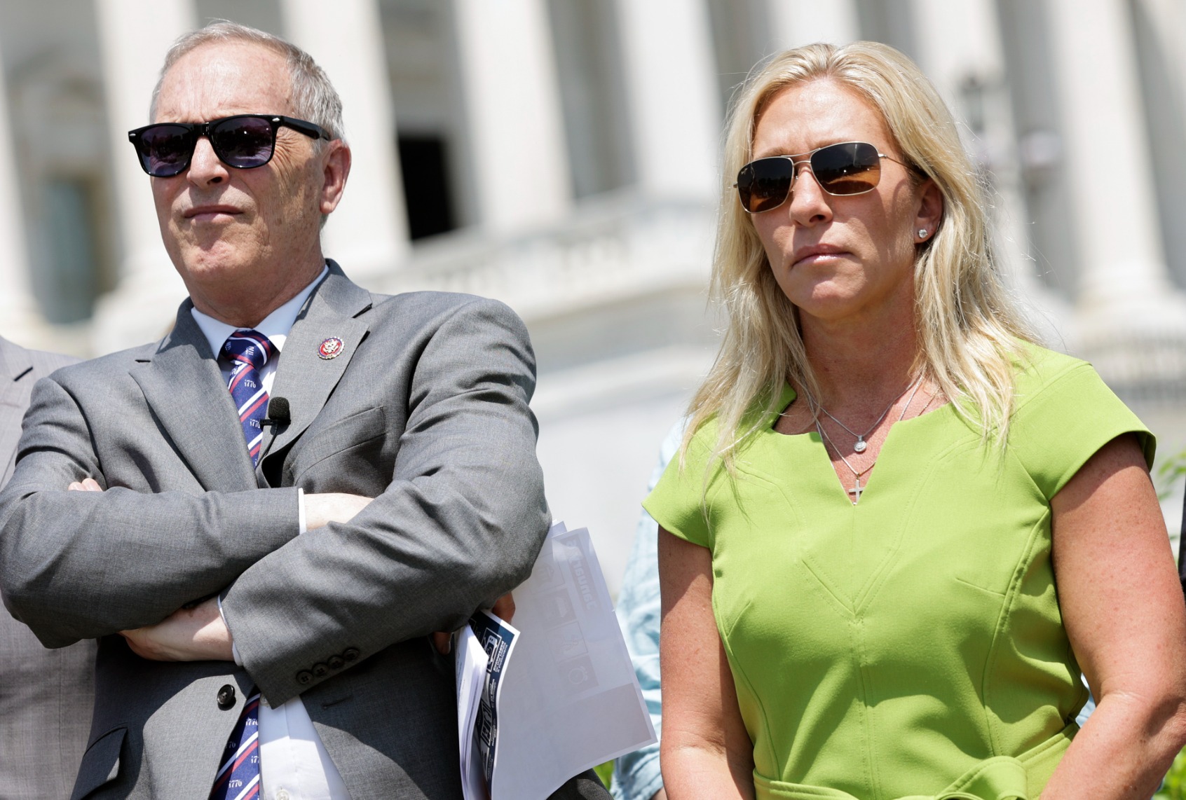U.S. Rep. Andy Biggs (R-AZ) and Rep. Marjorie Taylor Greene (R-GA) attend a press conference at the U.S. Capitol on June 15, 2022 in Washington, DC. (Kevin Dietsch/Getty Images)