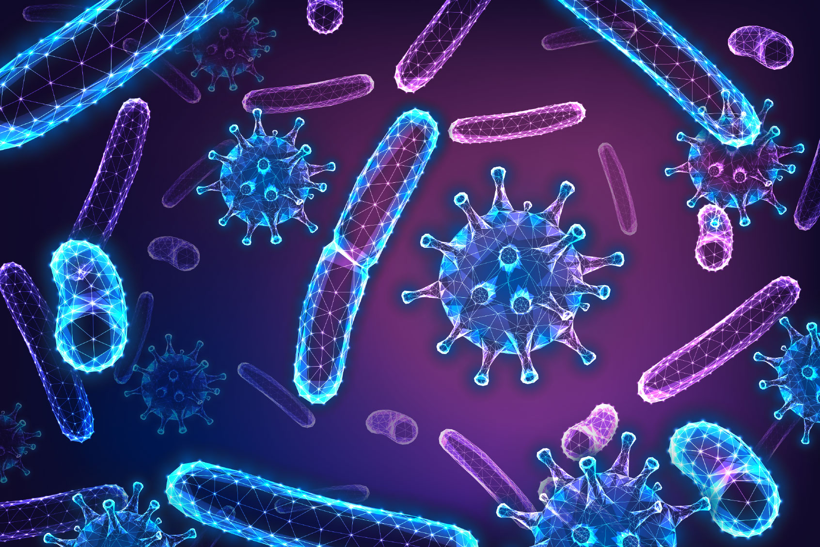 Futuristic glowing low-polygonal bacilli bacteria and flu virus cells (Getty Images/inkoly)