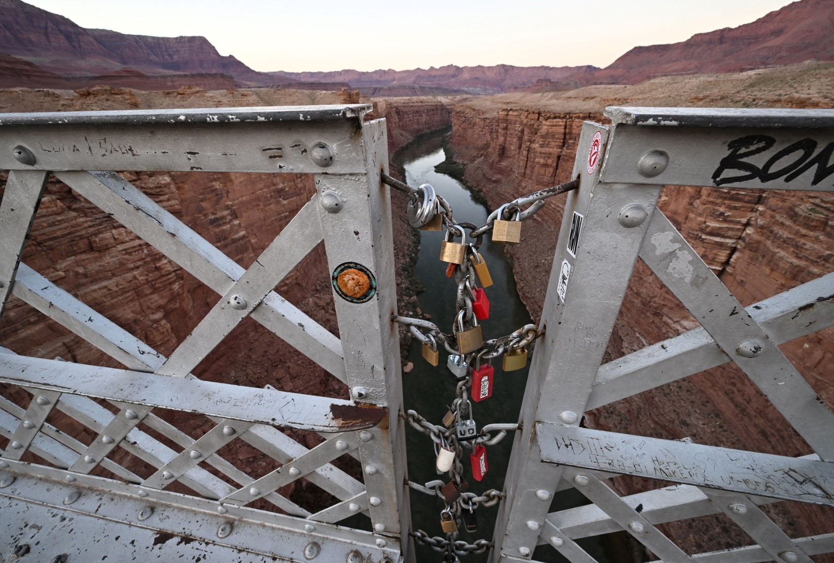 Locks are seen on the old Navajo Bridge over the Colorado River at Marble Canyon, Arizona, on August 31, 2022. (ROBYN BECK/AFP via Getty Images)
