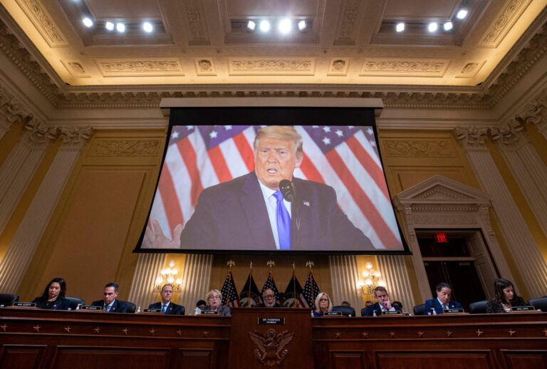 Former President Donald Trump is displayed on a screen during the final House Select Committee hearing to Investigate the January 6 Attack on the US Capitol, on Capitol Hill in Washington, DC, on December 19, 2022. (AL DRAGO/POOL/AFP via Getty Images)