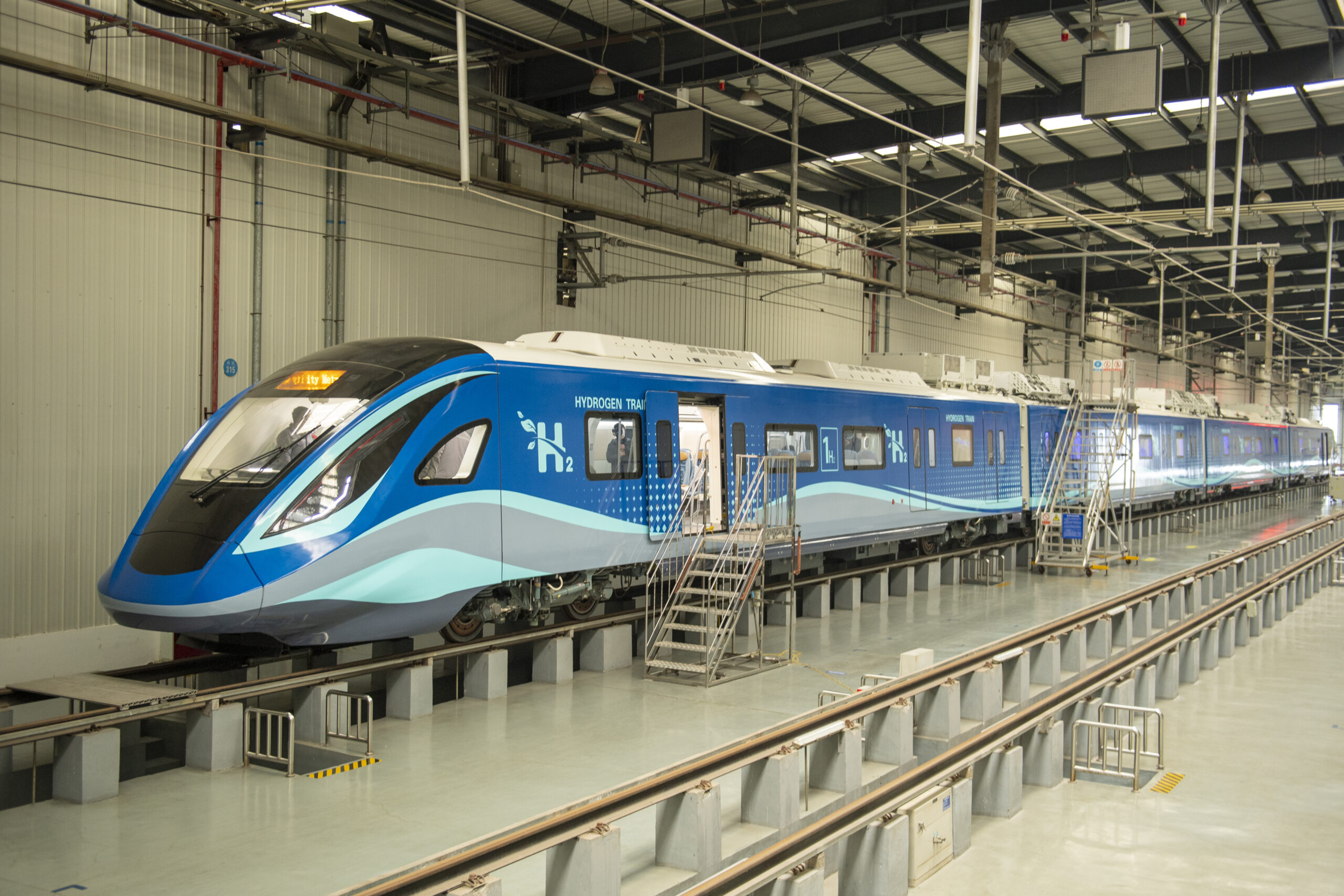 The world's first hydrogen energy urban train rolls off the assembly line at a branch of CRRC Changchun Railway Vehicles Co., Ltd on Dec. 28, 2022, in Chengdu, Sichuan Province, China. (Liu Zhongjun/China News Service/VCG via Getty Images)