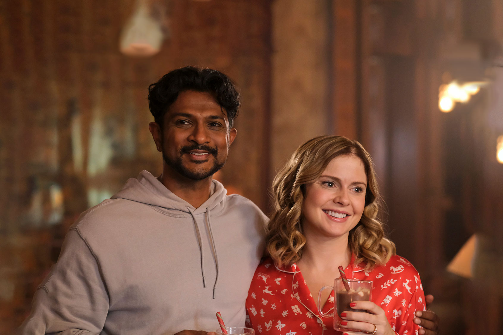 Utkarsh Ambudkar as Jay and Rose McIver as Samantha on "Ghosts" (Bertrand Calmeau/CBS)