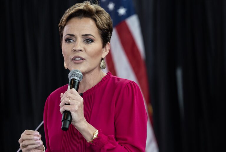 Arizona Republican gubernatorial candidate Kari Lake greets supporters at a campaign rally at the Dream City Church on November 07, 2022 in Phoenix, Arizona. ( John Moore/Getty Images)