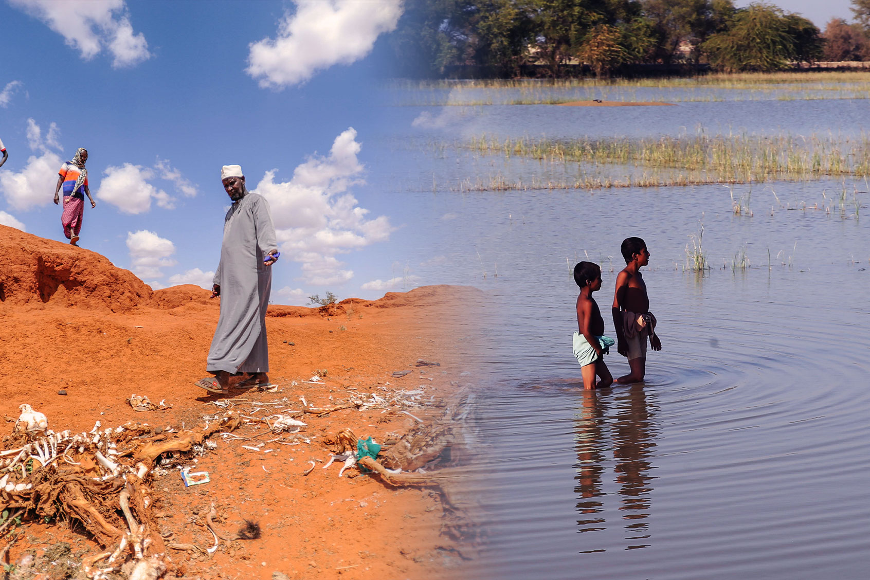 People walk amid skeletons in a drought affected area in Mandera, Kenya on December 1, 2022. | A view of flood-hit areas as families struggle while winter comes in Mehar, Dadu District, Sindh province, Pakistan on October 22, 2022. (Photo illustration by Salon/Getty Images)