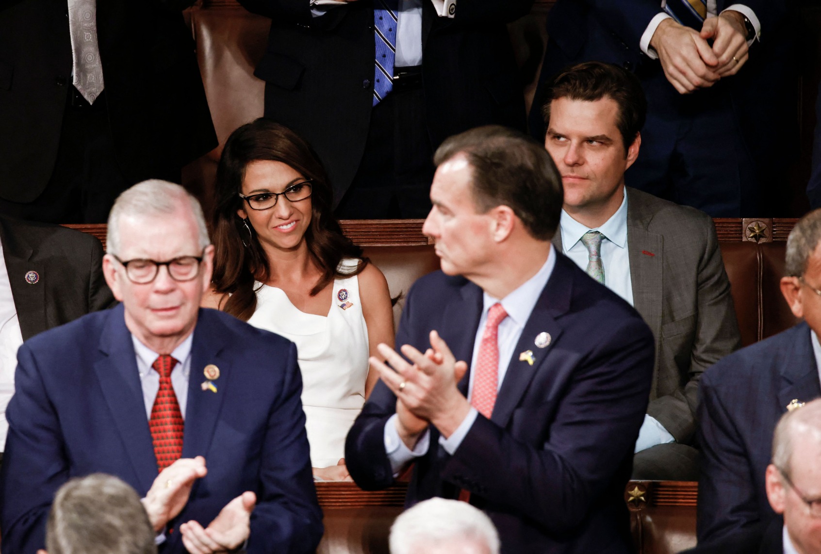 Republican Representative from Colorado Lauren Boebert and Republican Representative from Florida Matt Gaetz attend Ukraine's President Volodymyr Zelenskyy's address to the US Congress at the US Capitol in Washington, DC on December 21, 2022. (SAMUEL CORUM/AFP via Getty Images)