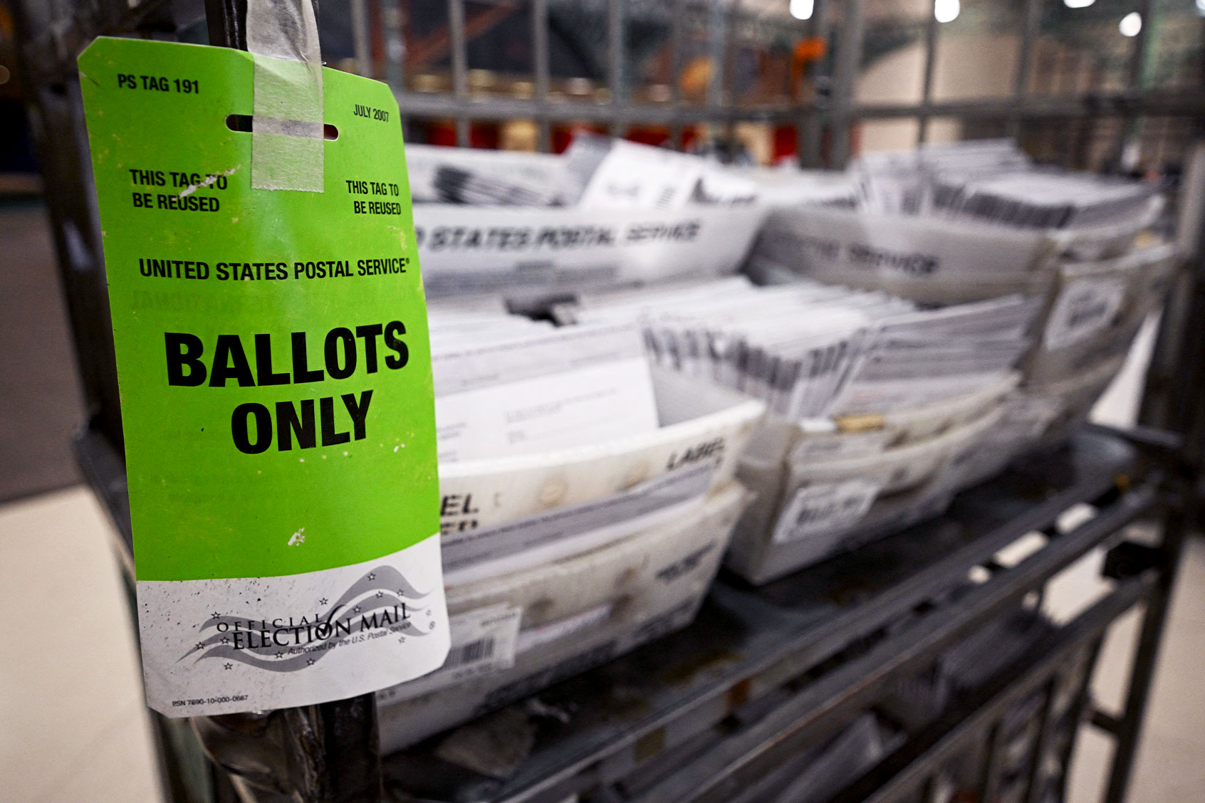 Mail-in ballots are seen at the Los Angeles County Registrar vote by mail operation center in City of Industry, California, on November 4, 2022, for the midterm elections on November 8. (ROBYN BECK/AFP via Getty Images)