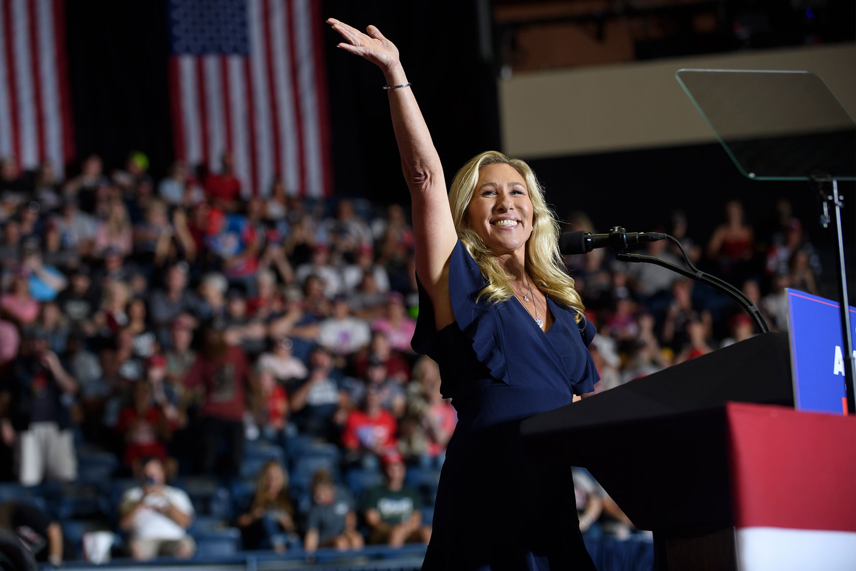 US Rep. Marjorie Taylor Greene (R-GA) enters the stage at a Save America Rally at the Covelli Centre on September 17, 2022 in Youngstown, Ohio. (Jeff Swensen/Getty Images)