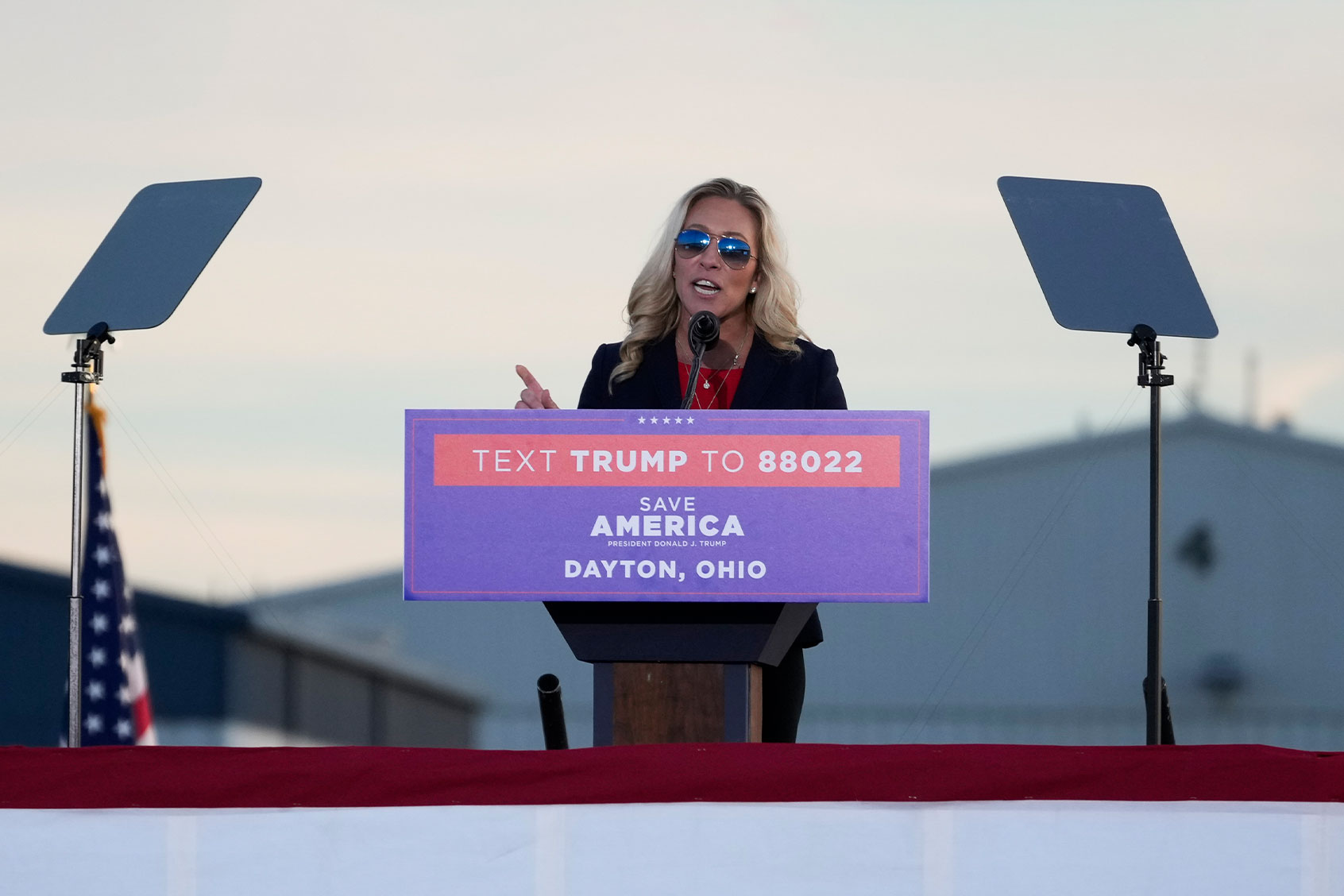 U.S. Rep. Marjorie Taylor Greene speaks during a rally by U.S. President Donald Trump at the Dayton International Airport on November 7, 2022 in Vandalia, Ohio. (Drew Angerer/Getty Images)