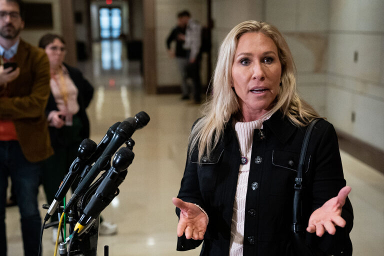 U.S. Rep. Marjorie Taylor Greene (R-GA) speaks to reporters in the U.S. Capitol Visitors Center after the House Republican caucus leadership elections on Capitol Hill in Washington, DC, on November 15, 2022. (Elizabeth Frantz for The Washington Post via Getty Images)