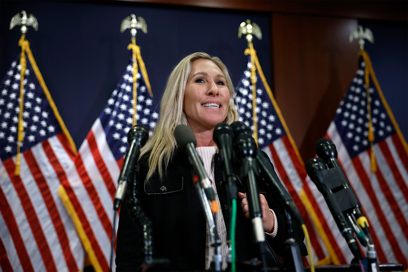 Rep. Marjorie Taylor Greene (R-GA) talks to reporters about her support for House Minority Leader Kevin McCarthy (R-CA) following House Republican Conference leadership elections in the U.S. Capitol Visitors Center on November 15, 2022 in Washington, DC. (Chip Somodevilla/Getty Images)