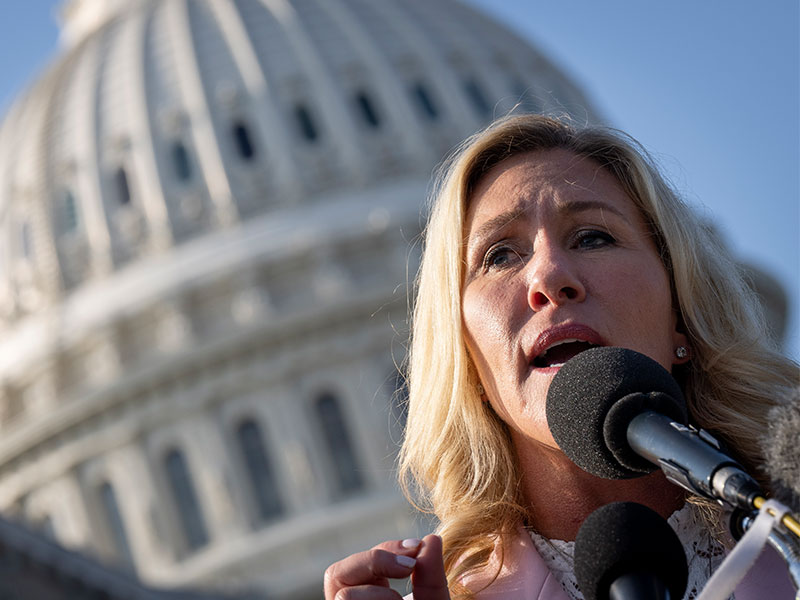 U.S. Rep. Marjorie Taylor Greene (R-GA) speaks at a news conference with members of the House Freedom Caucus on Capitol Hill September 15, 2022 in Washington, DC. (Drew Angerer/Getty Images)