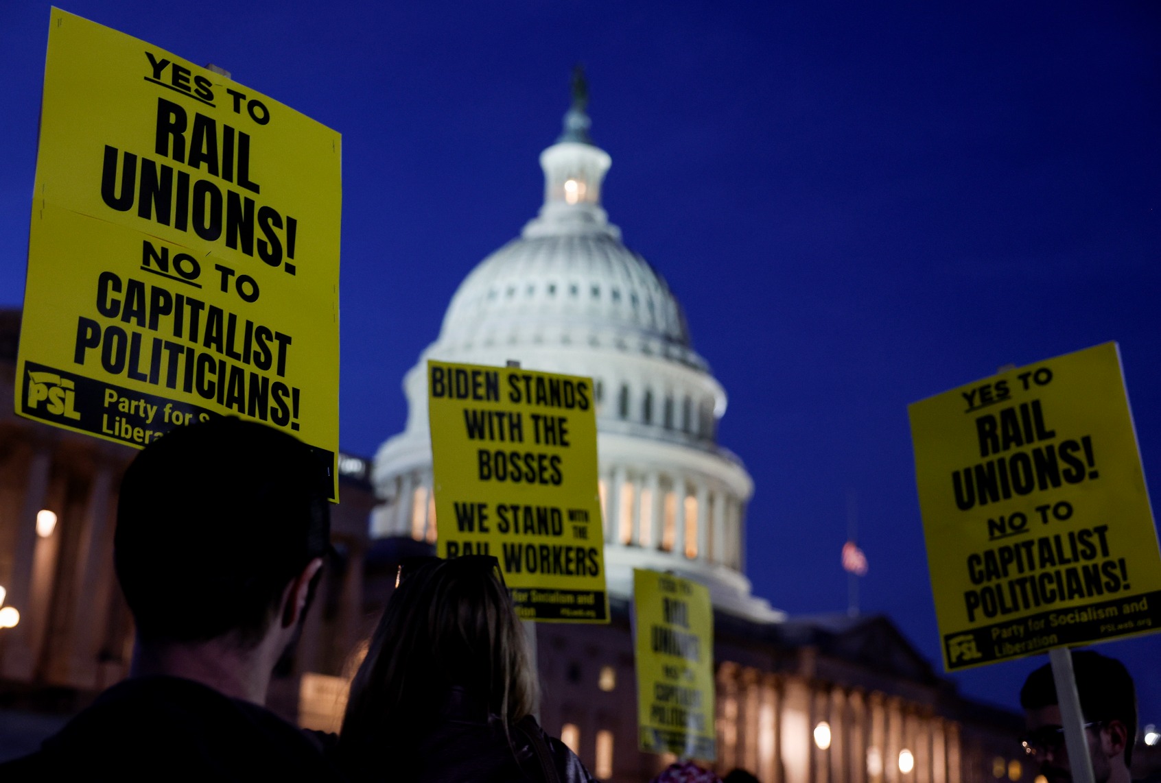 Activists in support of unionized rail workers protest outside the U.S. Capitol Building on November 29, 2022 in Washington, DC. (Anna Moneymaker/Getty Images)