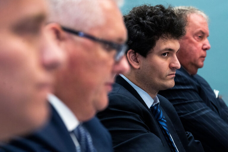 Terrence A. Duffy, CEO of the Chicago Mercantile Exchange, Sam Bankman-Fried (in focus), CEO of FTX US Derivatives, Christopher Edmonds, chief development officer of the Intercontinental Exchange, and Christopher Perkins, president of CoinFund, testify during the House Agriculture Committee hearing titled Changing Market Roles: The FTX Proposal and Trends in New Clearinghouse Models, in Longworth Building on Thursday, May 12, 2022 (Tom Williams/CQ-Roll Call, Inc via Getty Images)