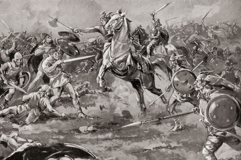 The Battle of the Catalaunian Plains, June 20, 451 AD, between a coalition led by the Roman general Flavius Aetius and the Visigothic king Theodoric I against the Huns. (Universal History Archive/Universal Images Group via Getty Images)