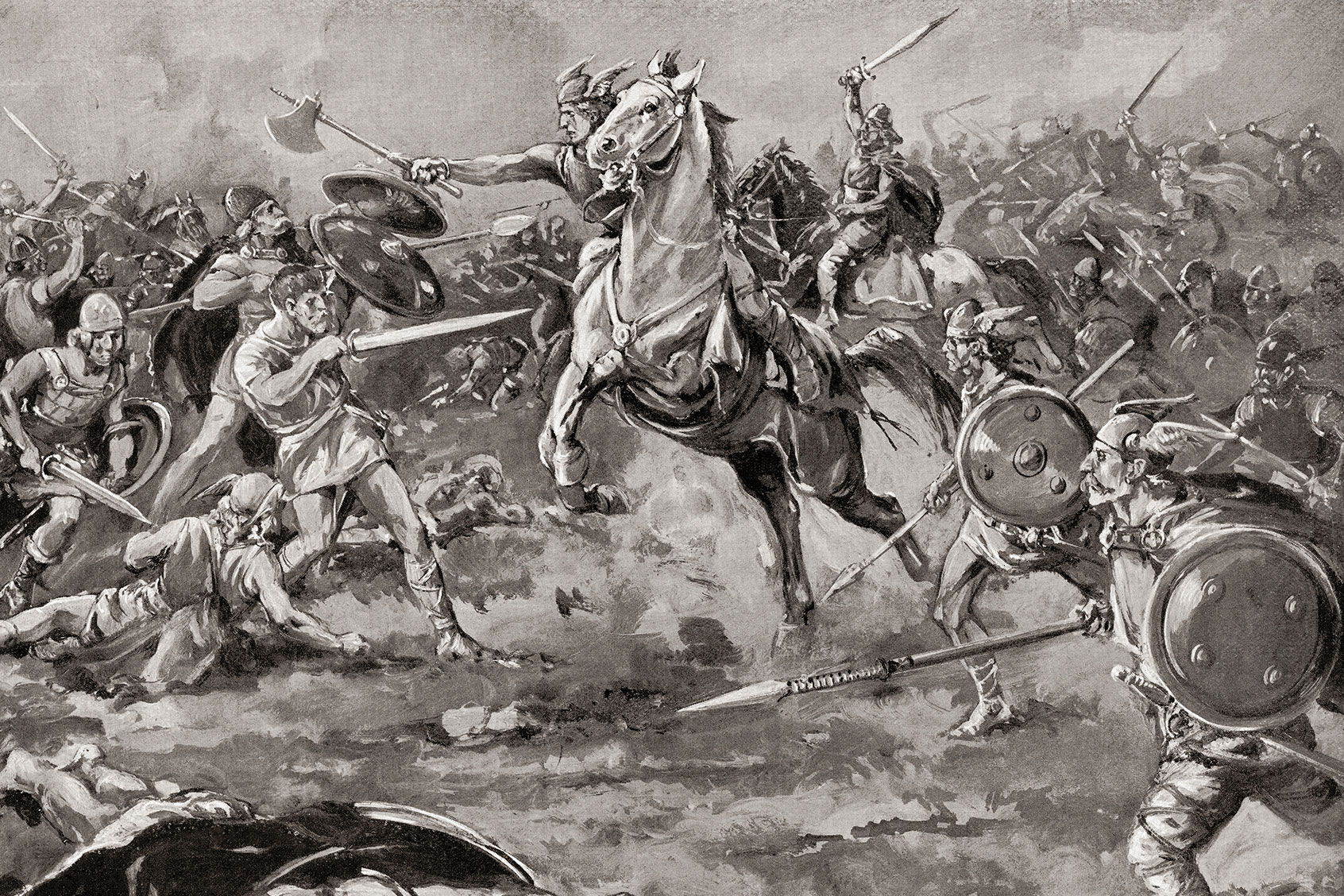 The Battle of the Catalaunian Plains, June 20, 451 AD, between a coalition led by the Roman general Flavius Aetius and the Visigothic king Theodoric I against the Huns. (Universal History Archive/Universal Images Group via Getty Images)
