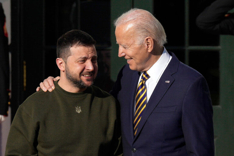 U.S. President Joe Biden (R) welcomes President of Ukraine Volodymyr Zelensky to the White House on December 21, 2022 in Washington, DC. (Drew Angerer/Getty Images)