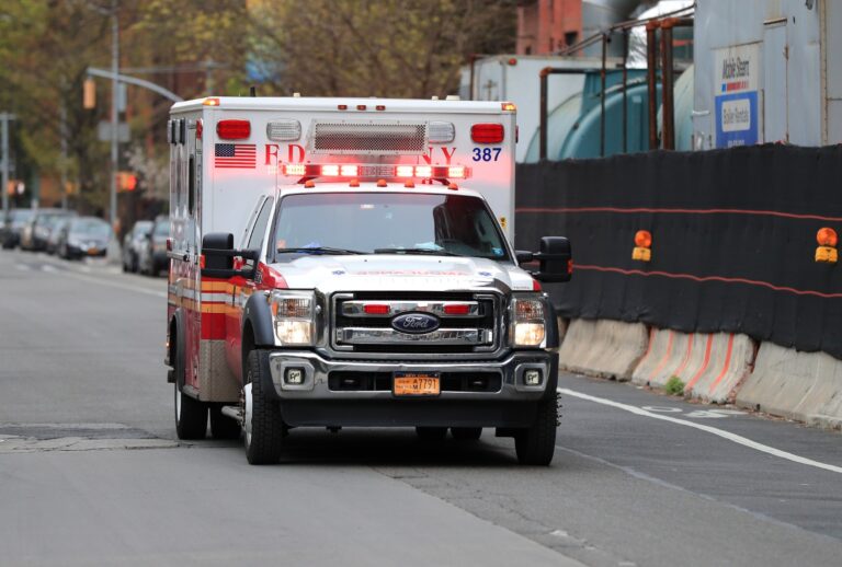 A FDNY ambulance approaches the entrance to the Brooklyn Hospital Center on April 23, 2020 in the Clinton Hill neighborhood of the Brooklyn borough of New York City. (Mike Lawrie/Getty Images)