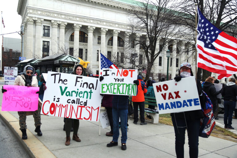 Anti-vaccine protesters gather in front of the State Capitol building during a demonstration in Albany, New York City, United States on January 5, 2022. (Eren AbdullahogullarÄ±/Anadolu Agency via Getty Images)