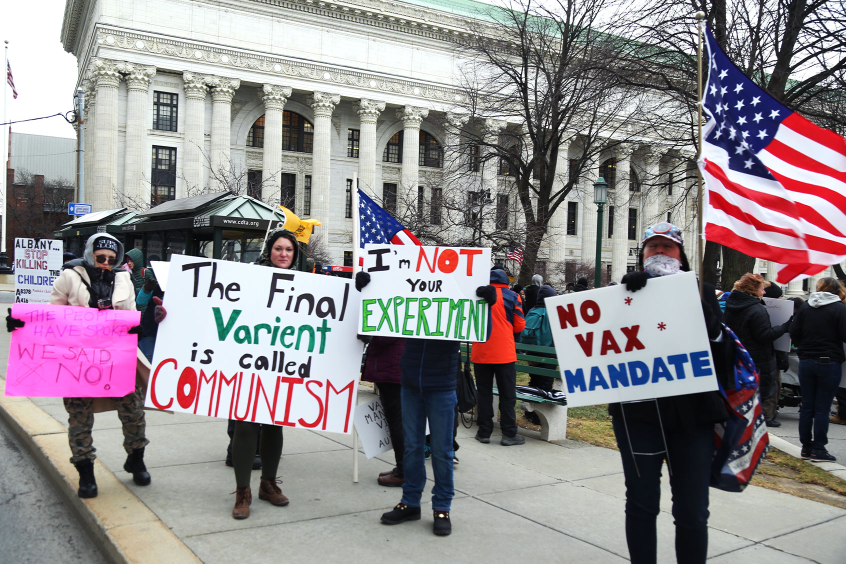 Anti-vaccine protesters gather in front of the State Capitol building during a demonstration in Albany, New York City, United States on January 5, 2022. (Eren AbdullahogullarÄ±/Anadolu Agency via Getty Images)