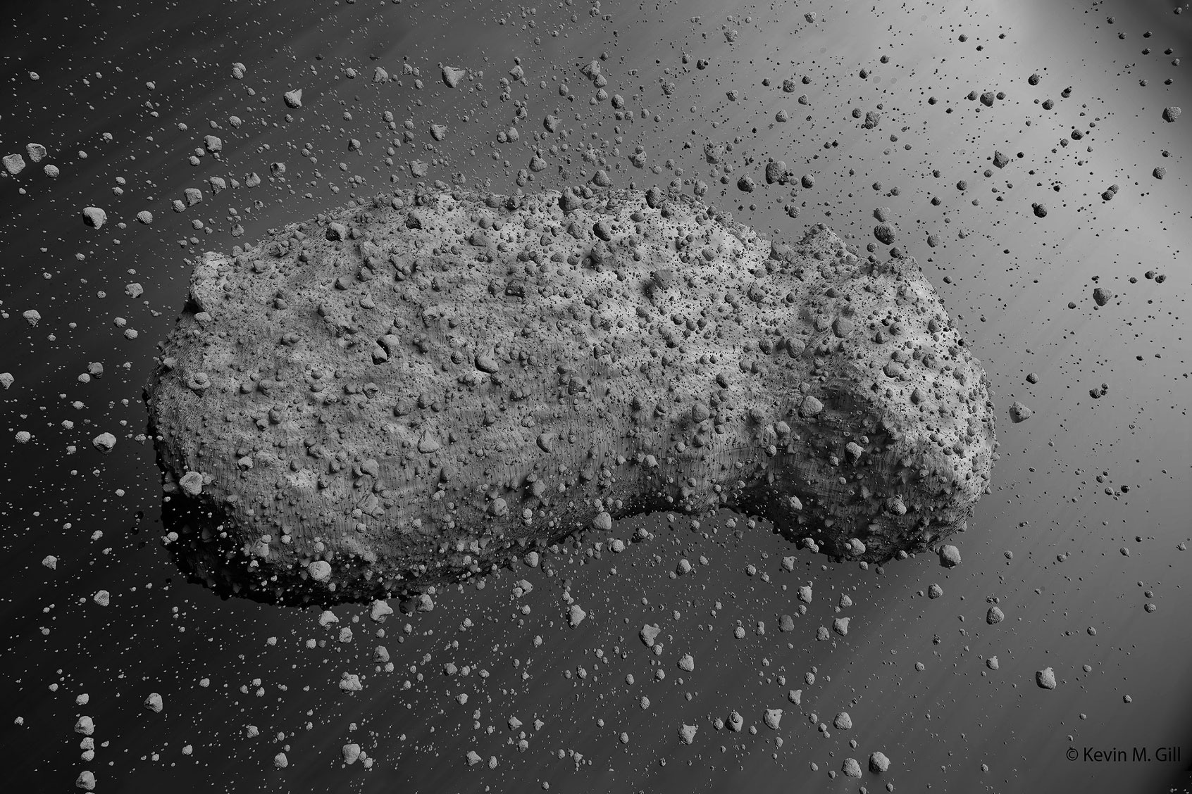 A visualization of the Itokawa asteroid, which was visited by the Japanese Hayabusa1 mission. (JAXA/Curtin University)