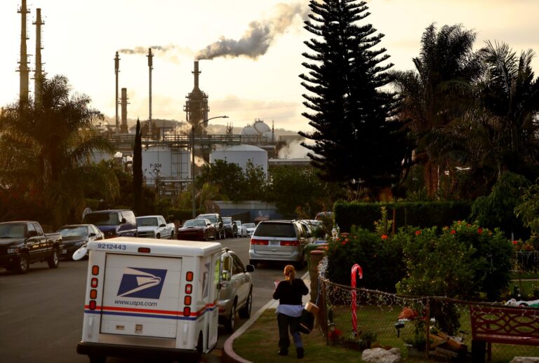A residential street near the Phillips 66 Los Angeles Refinery Wilmington Plant on November 28, 2022 in Wilmington, California. (Mario Tama/Getty Images)