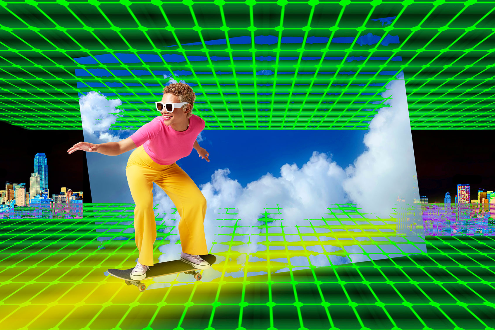 Woman gliding through the web on a skateboard (Getty Images/We Are)