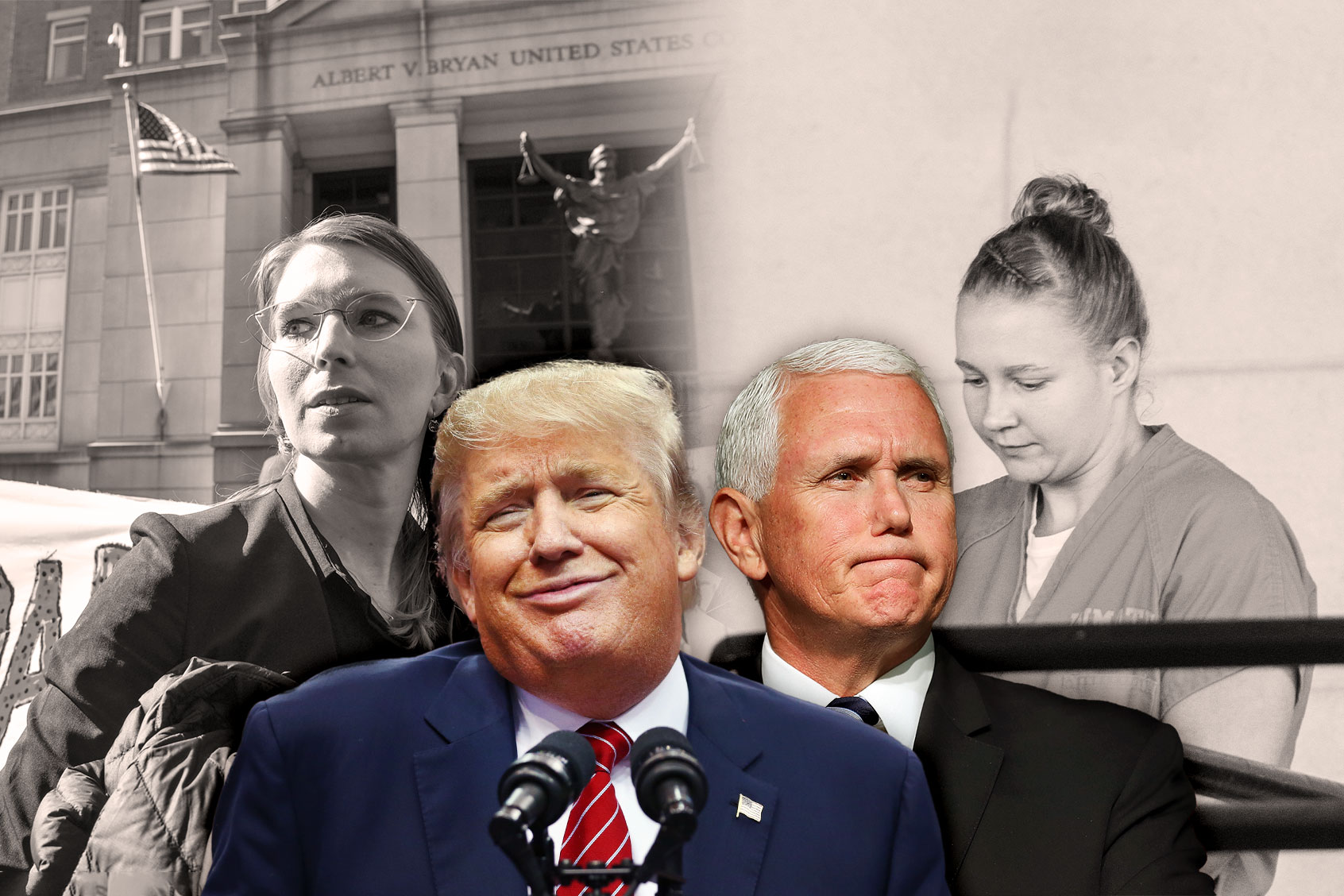 Donald Trump and Mike Pence, in frot of Chelsea Manning and Reality Winner (Photo illustration by Salon/Getty Images)
