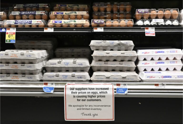 Egg shelves are seen with a note apologizing to customers for the price increase in New York, United States on January 21, 2023. (Fatih Aktas/Anadolu Agency via Getty Images)