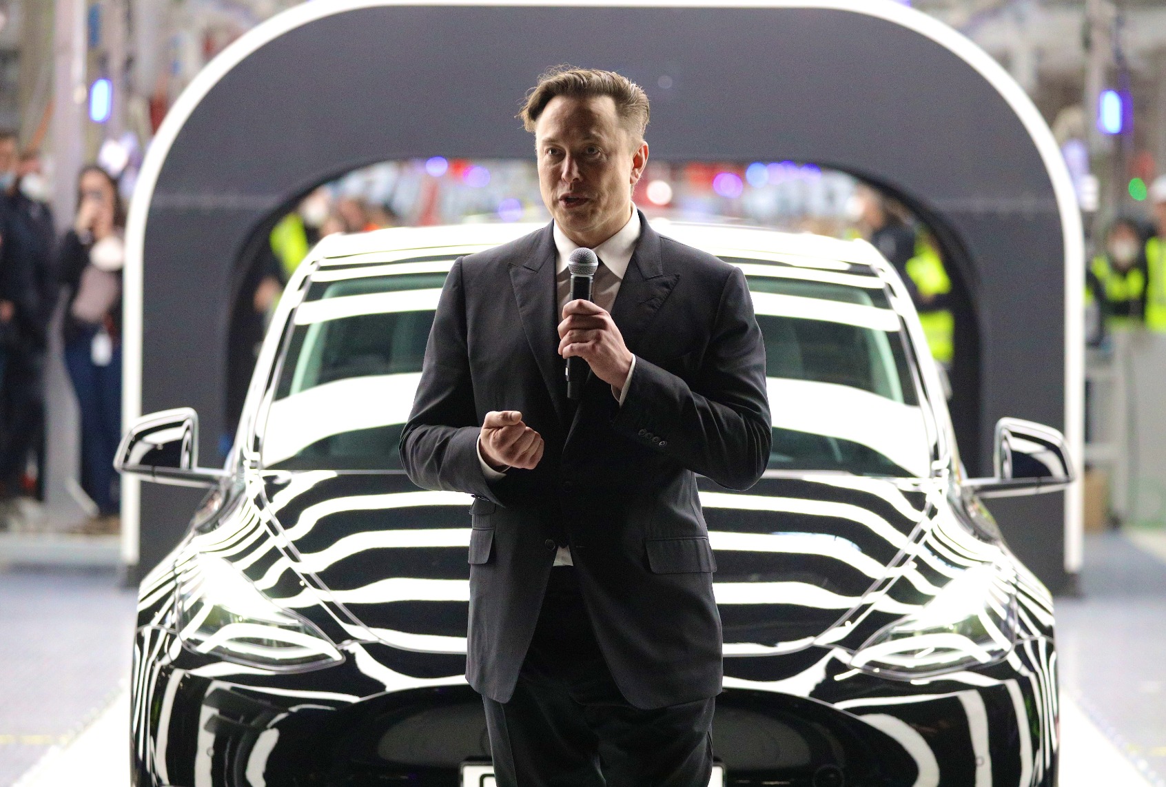 Tesla CEO Elon Musk speaks during the official opening of the new Tesla electric car manufacturing plant on March 22, 2022 near Gruenheide, Germany. (Christian Marquardt - Pool/Getty Images)